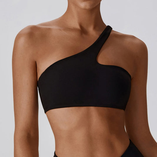 Elevate One-Shoulder Bra in black by Do For You – minimal one-shoulder sports bra for workout and lifestyle