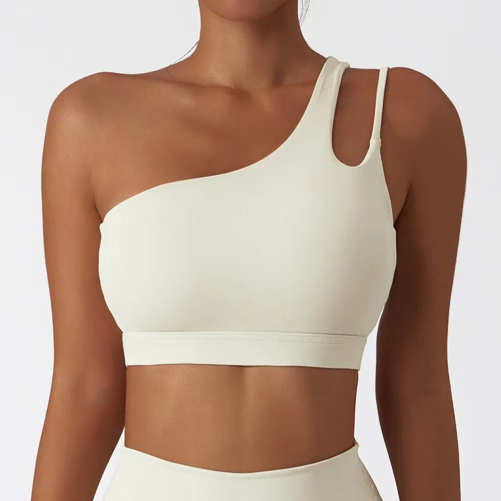 Elevate One-Shoulder Bra in white by Do For You – minimalist asymmetrical sports bra for women